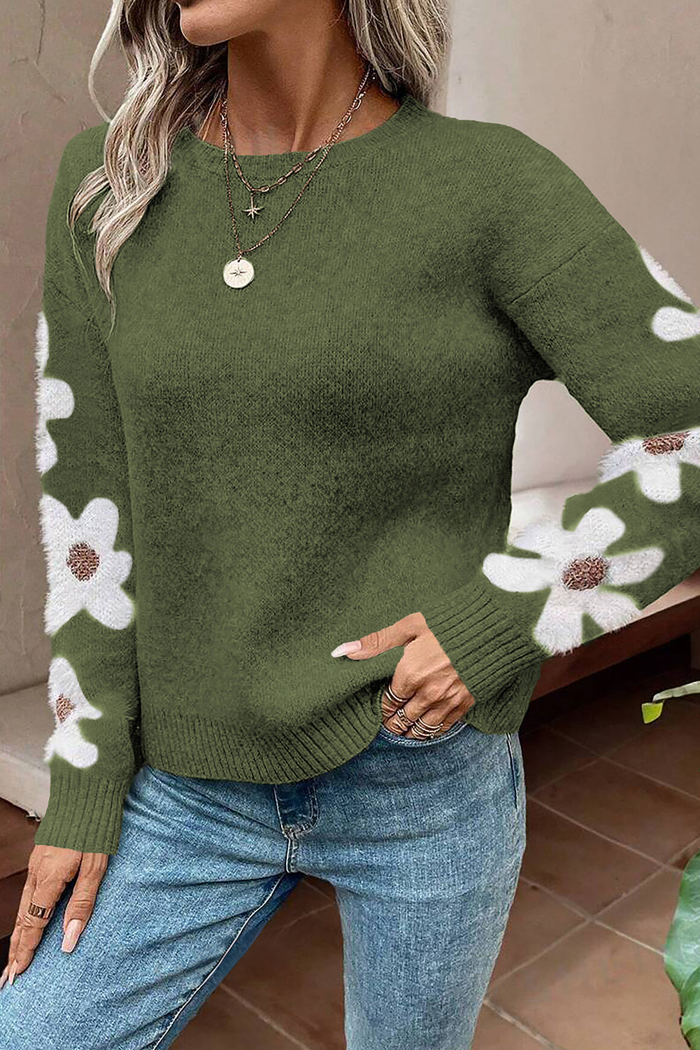 Light Grey Flower Sleeve Drop Shoulder Sweater eAura