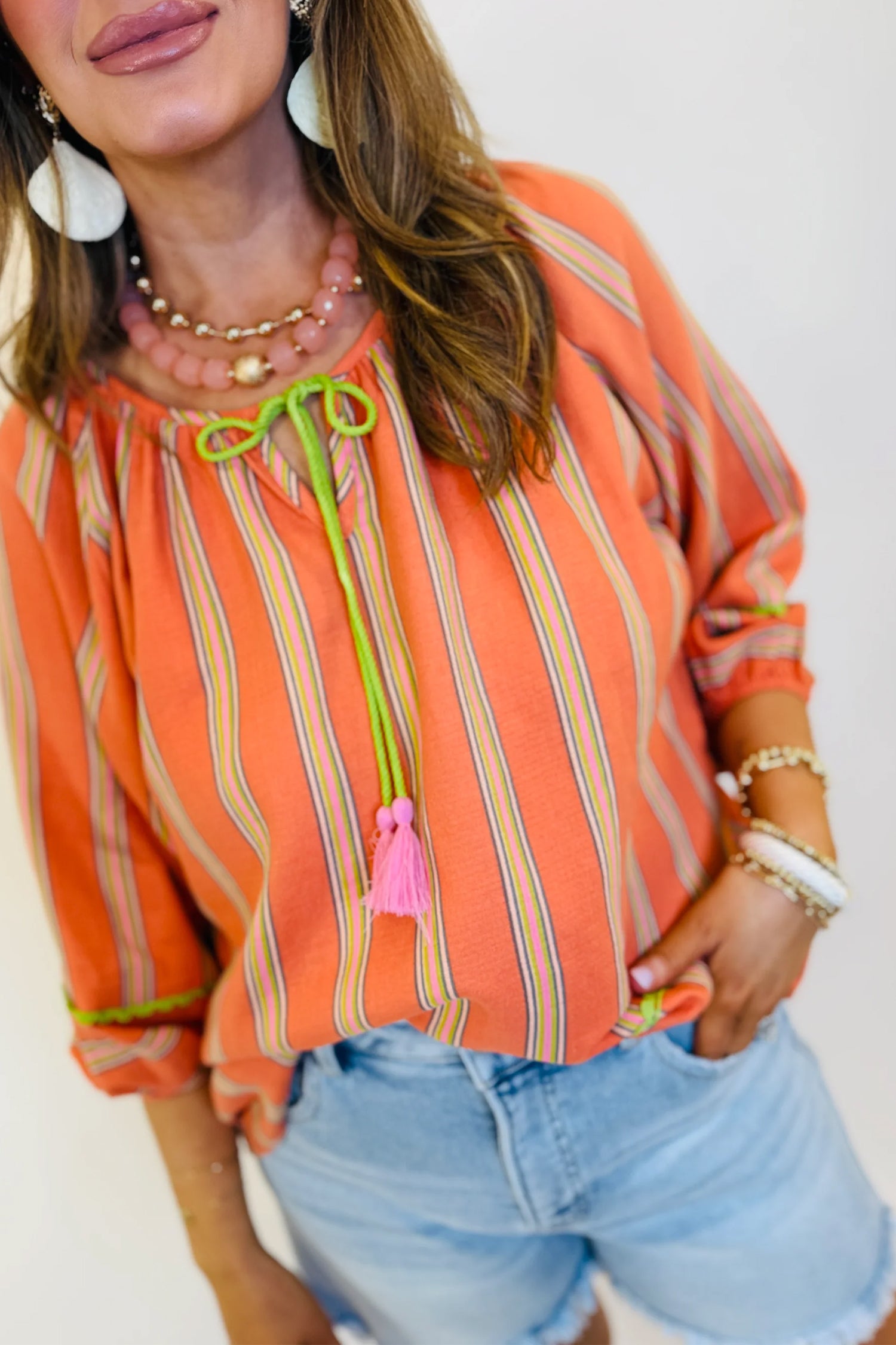 Tassel Tie Neck Bracelet Sleeve Cotton Blouse – Orange Stripe