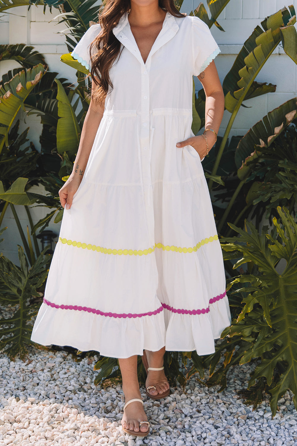 White Colorblock Rickrack Trim Short Sleeve Drawstring Waist Long Dress BB Fashion Outlet