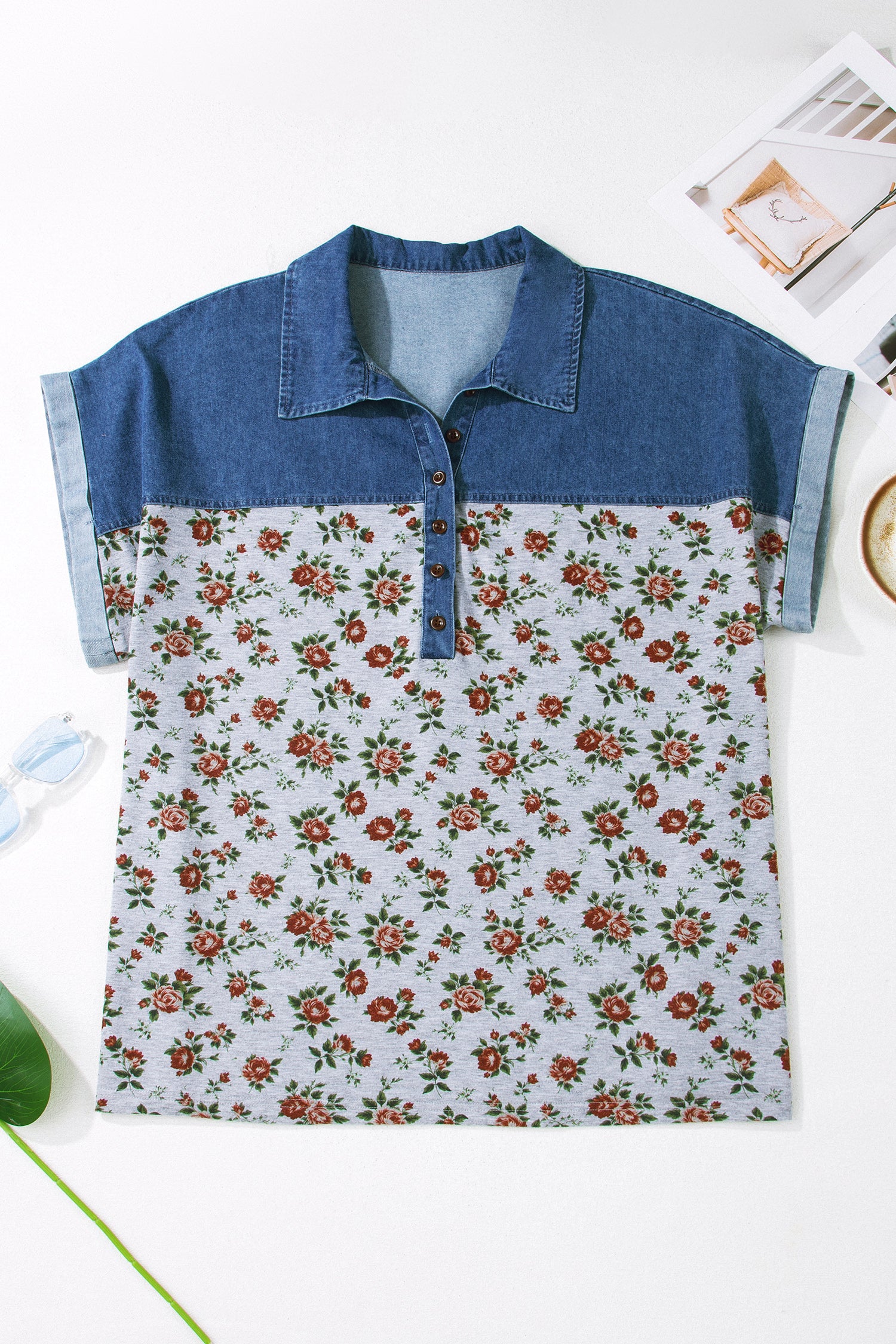 Retro Floral Print Denim Patchwork Plus Size Polo Tee