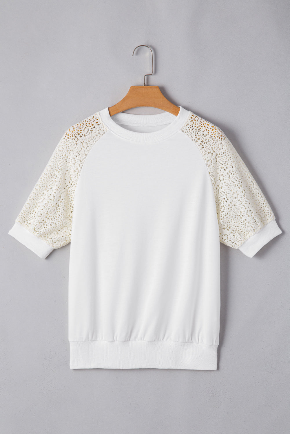 White Lace Crochet Short Sleeve Round Neck T Shirt - eAura