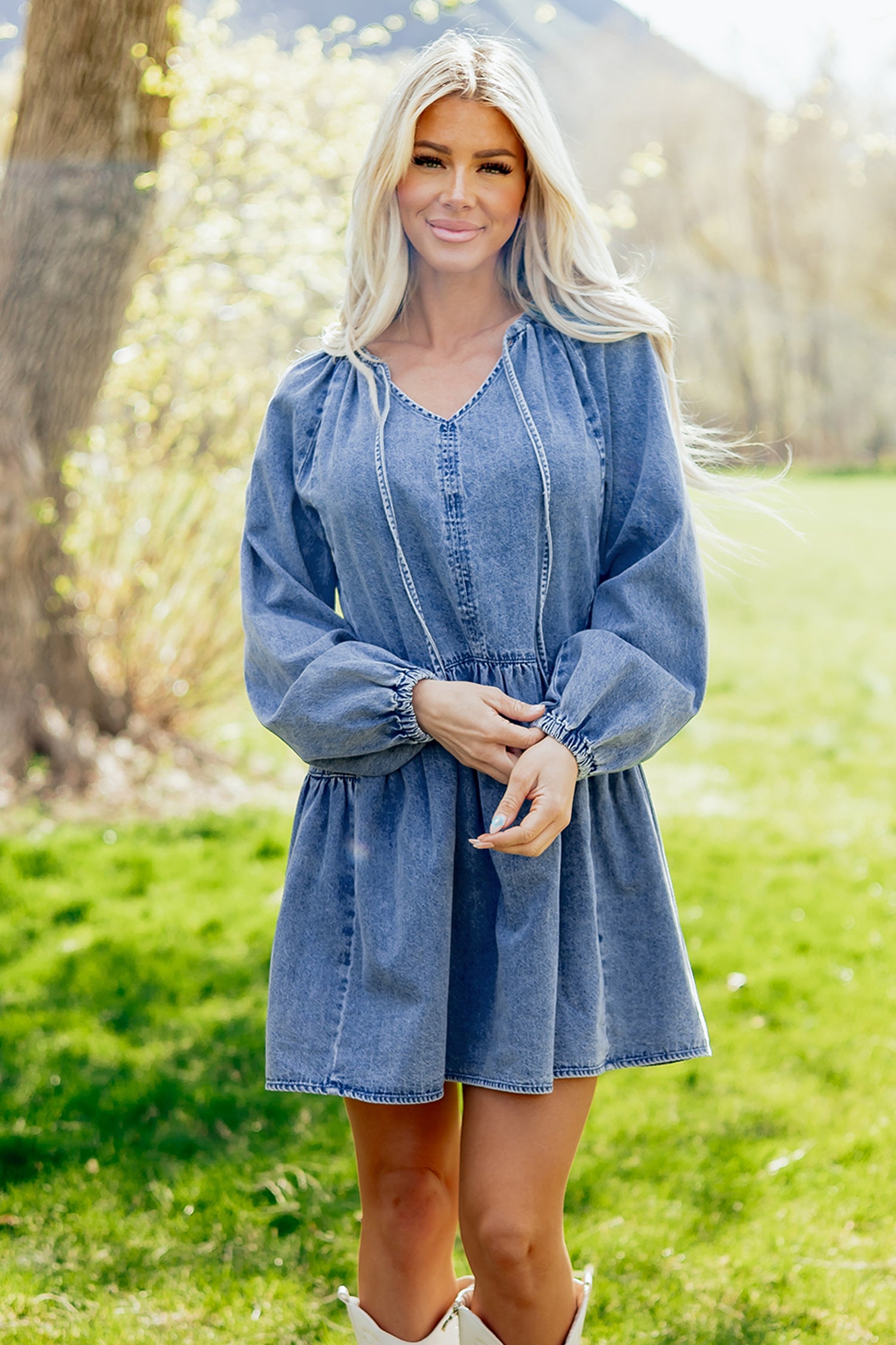Puff Sleeve Ruffled Denim Mini Dress – Blue