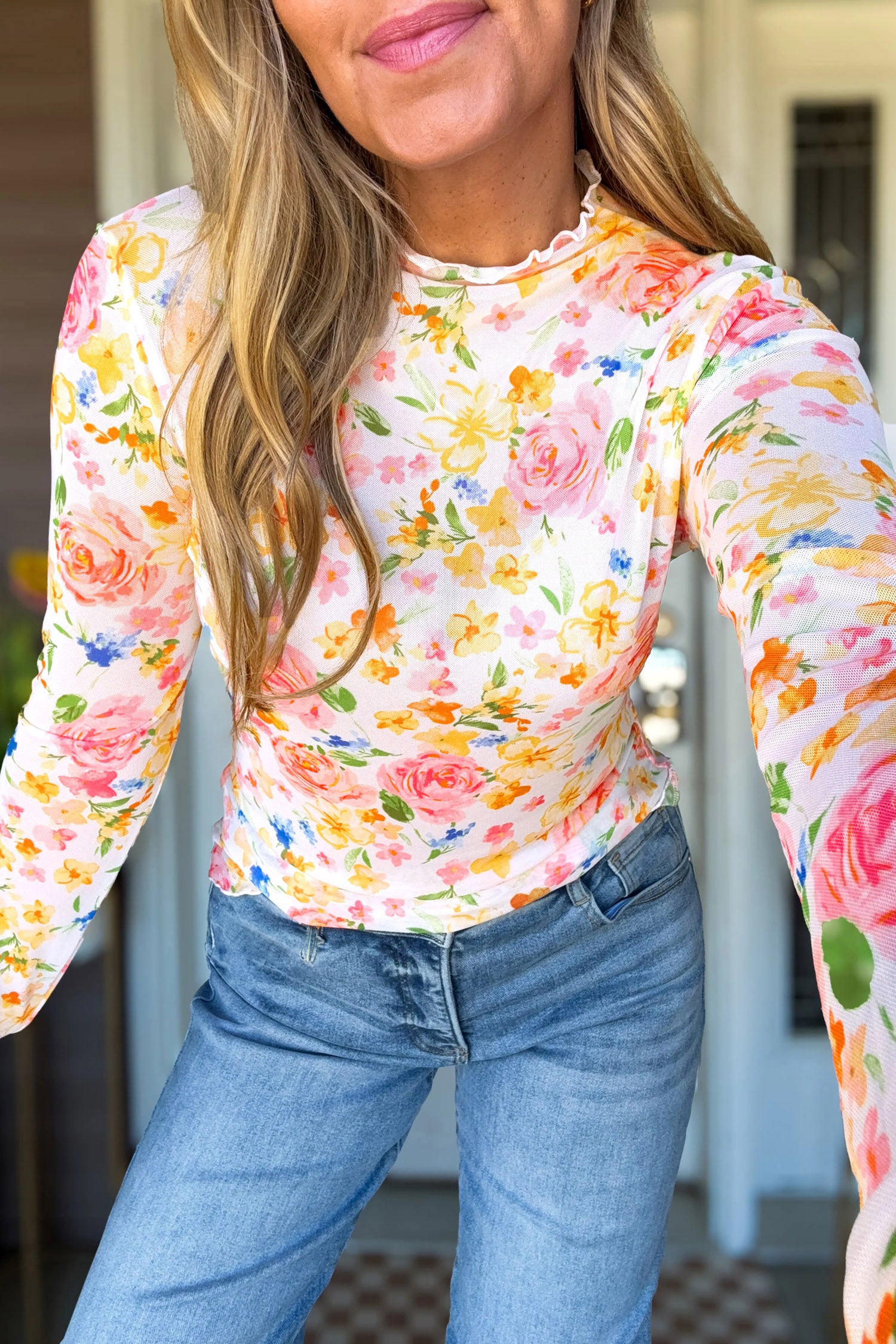 Lettuce Trim Floral Print Sheer Mesh Long Sleeve Top – White