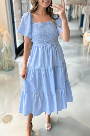 Flowy Short Sleeve Lace Detail Square Neck Tiered Midi Dress