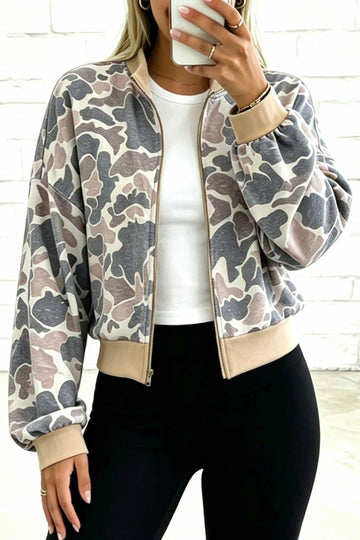 Camouflage Print Colour Block Trim Zip Bomber Sweatshirt – Multicolour
