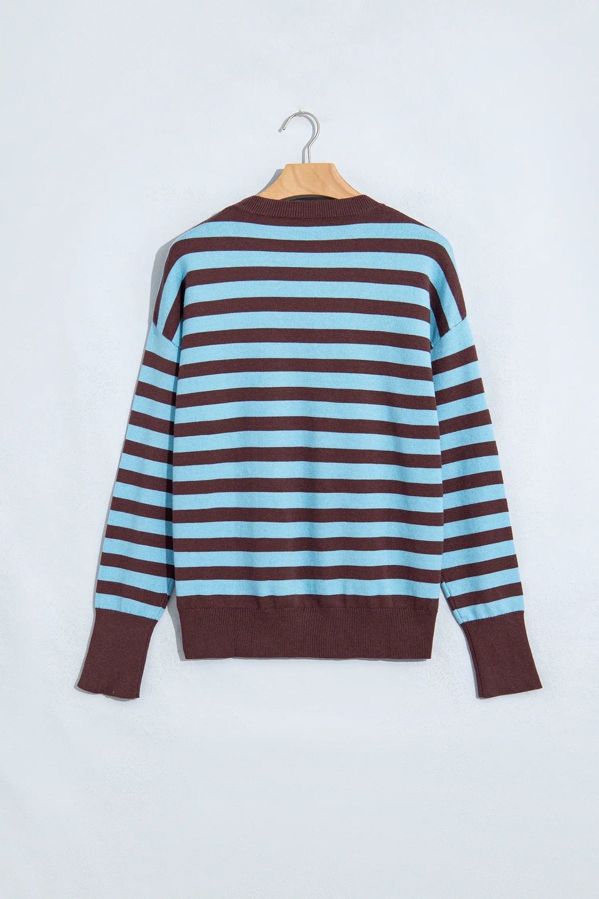 Colour Block Loose Crew Neck Cuffed Sweater – Brown Stripe