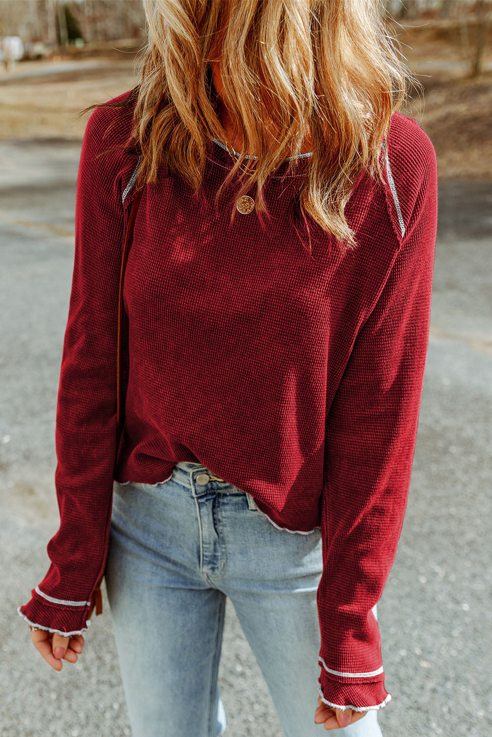 Fiery Red Textured Round Neck Long Sleeve Top eAura
