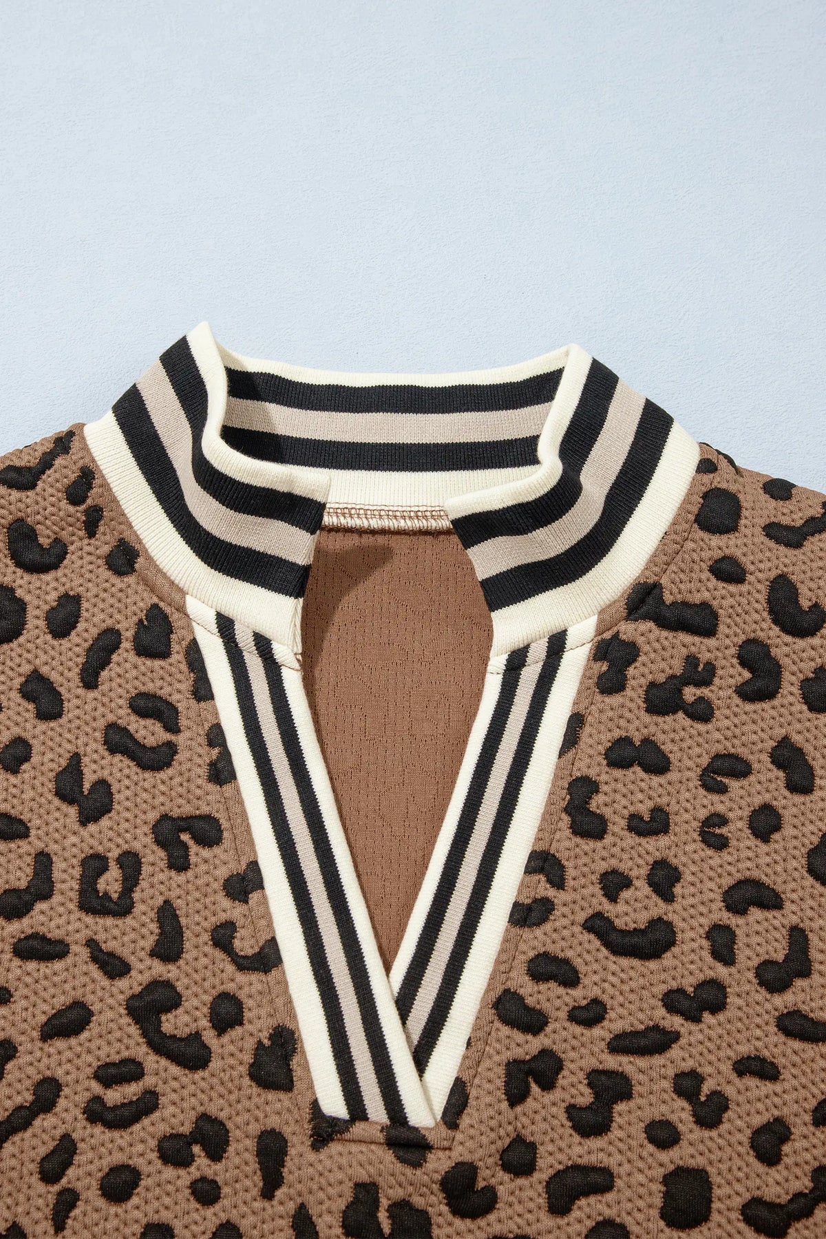 Leopard Print Striped Trim Collar Long Sleeve Shift Pullover – Brown