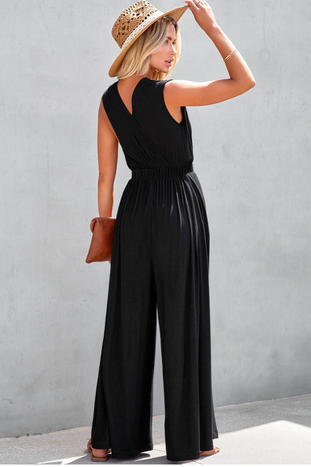 Jungle Green Deep V Pleated Crisscross Wide Leg Backless Jumpsuit eAura