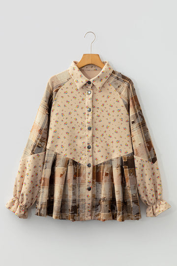 Boho Floral Plaid Patchwork Distressed Detail Ruffled Sleeve Waffle Shacket - Outerwear/Jackets