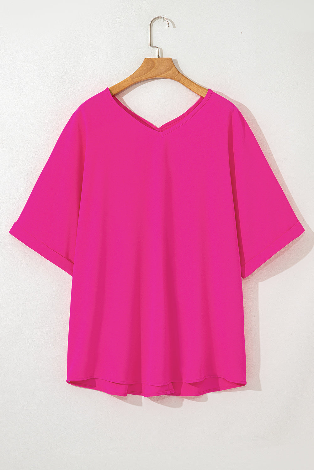 Bright Pink Seamed Back High Low Hem V Neck Cuffed Sleeve Plus Size Tee BB Fashion Outlet