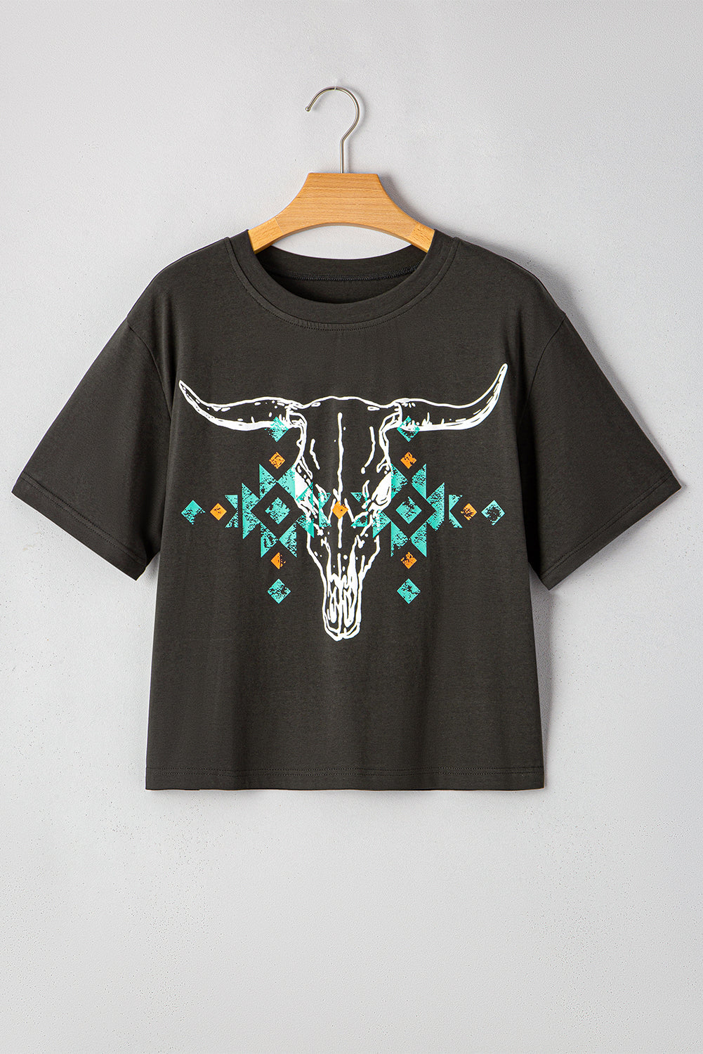 Carbon Grey Vintage Western Bull Head Skull Turquoise Aztec Graphic T Shirt eAura