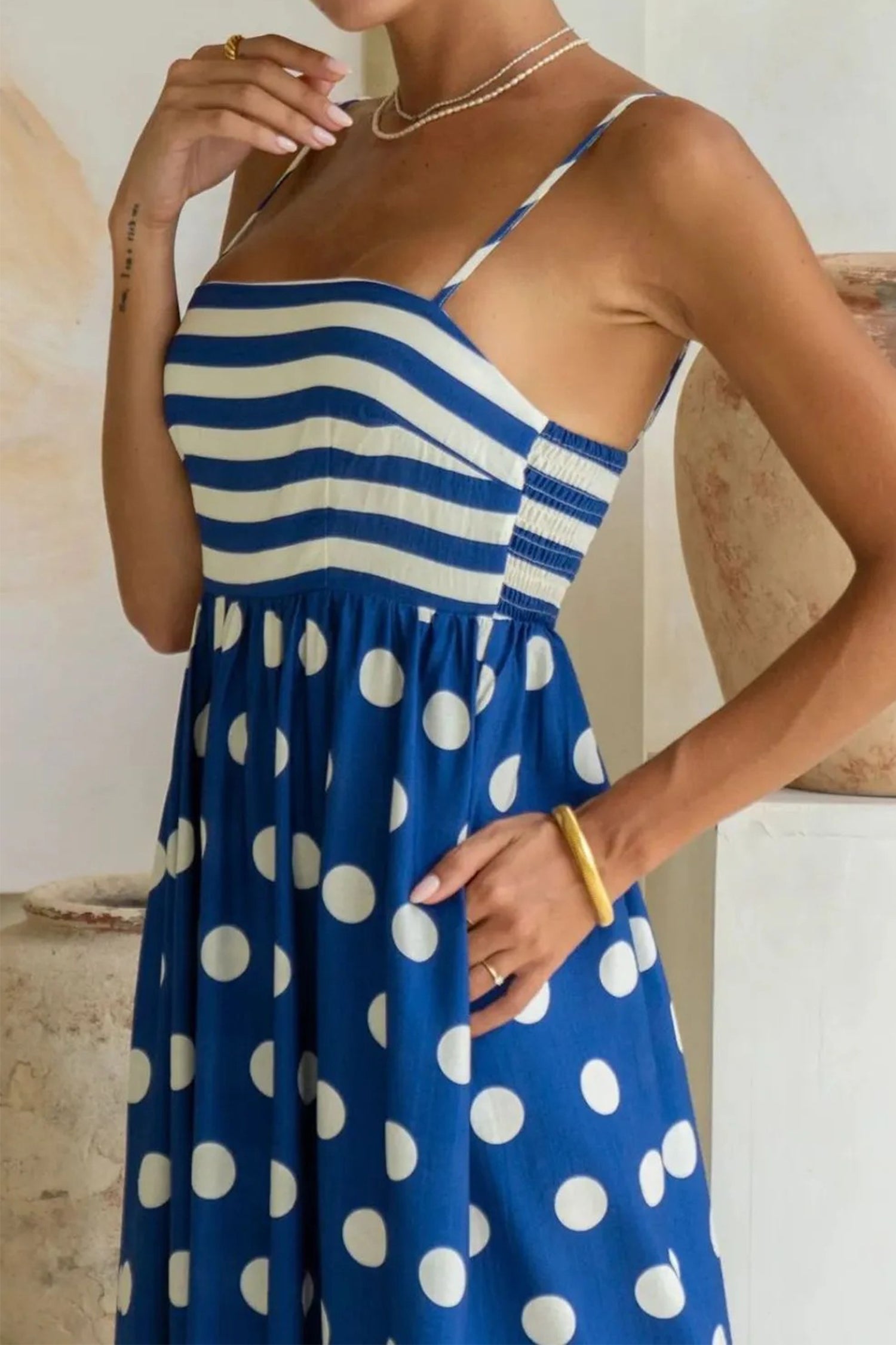 Striped Polka Dot Patchwork High Waist Spaghetti Straps Maxi Dress