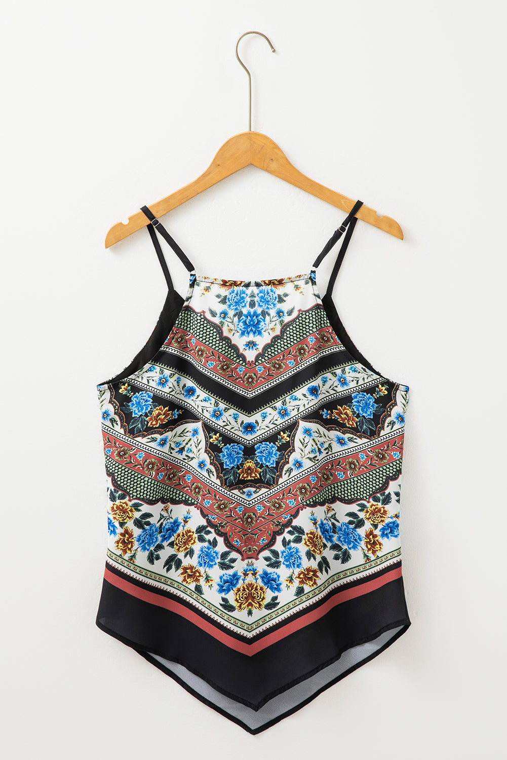 Red Mixed Floral Chevron Pattern Dip Hem Spaghetti Straps Tank eAura