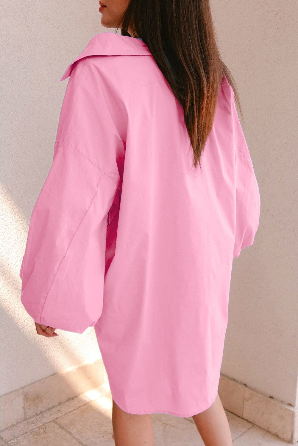 Bright Pink Balloon Sleeve Button Up Mini Shirt Dress eAura
