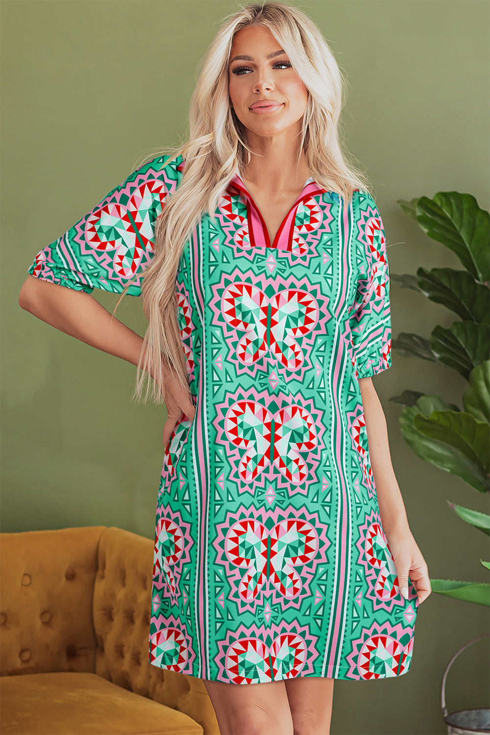 Mint Green Geometric Butterfly Print Split Neck Short Sleeve Dress eAura