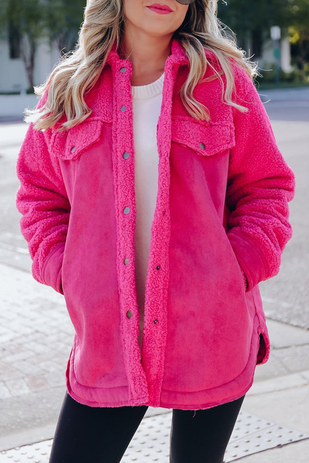 Bright Pink Faux Suede Sherpa Patchwork Button-up Shacket Beagle Boutique Fashion Outlet