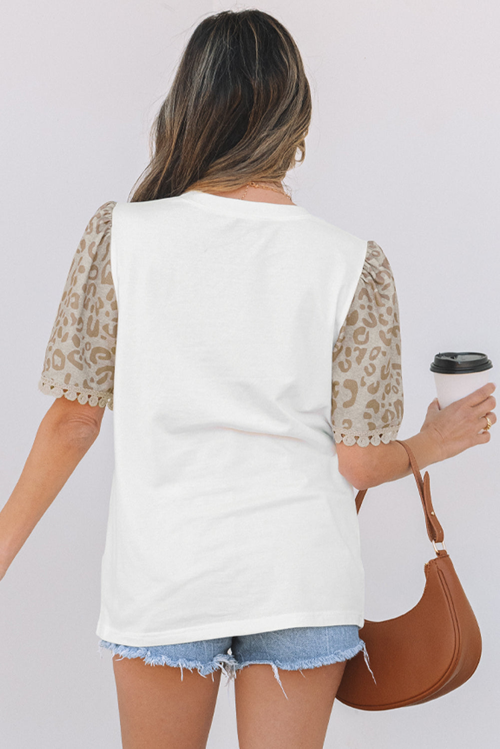 White Leopard Patchwork Crochet Lace Trim Puff Sleeve T Shirt eAura