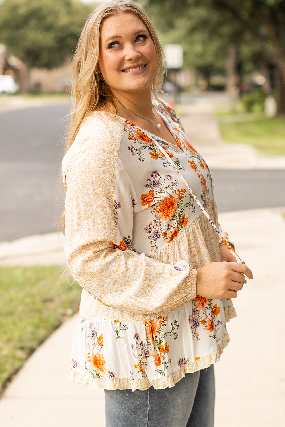 White Plus Size Floral Print V Neck Puff Sleeve Blouse BB Fashion Outlet