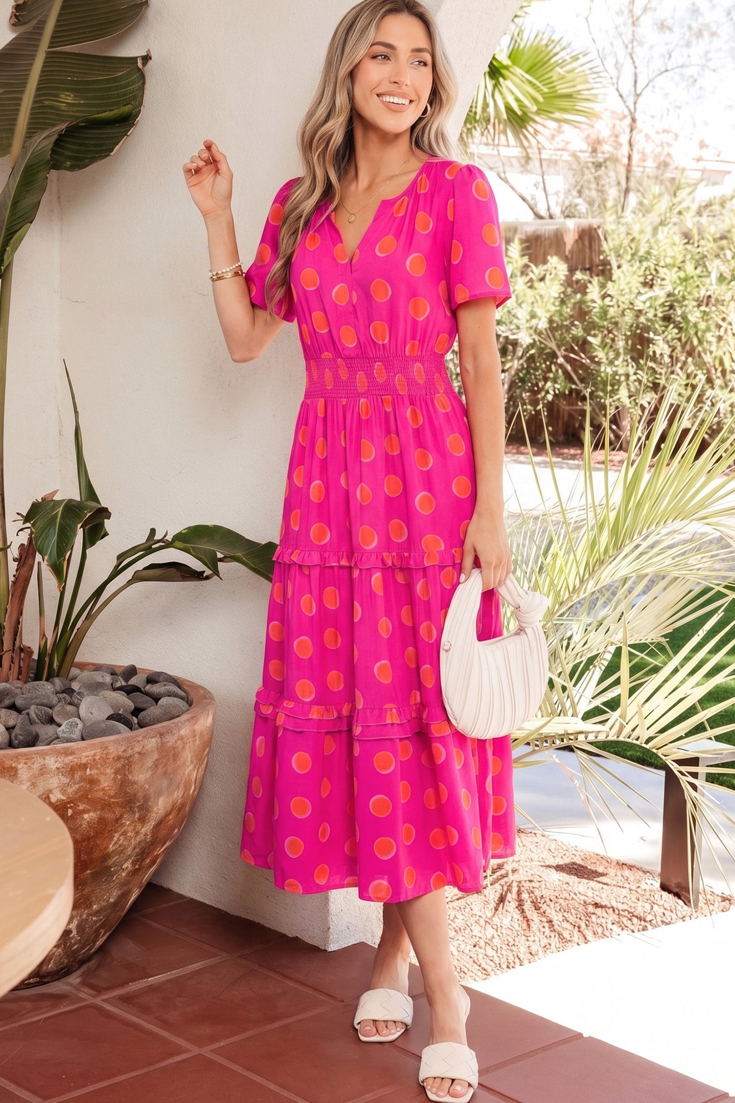 Rose Polka Dot Short Sleeve Shirred High Waist Midi Dress