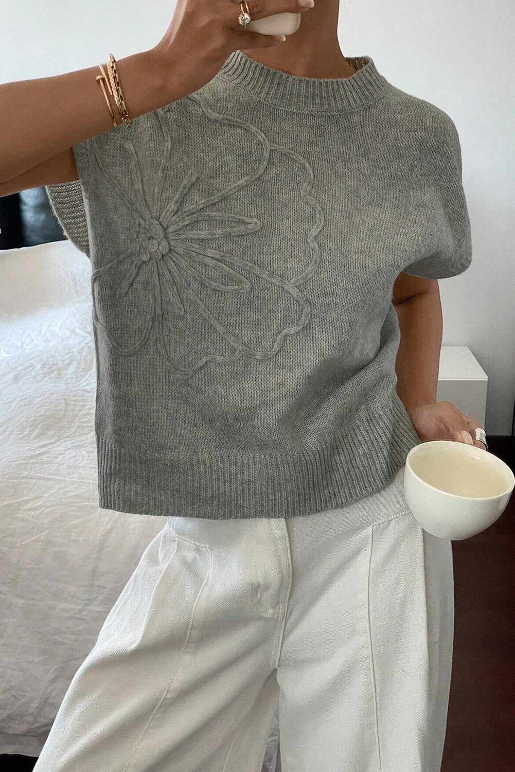 High Flower Pattern Ribbed Trim Short Sleeve Boxy Sweater eAura