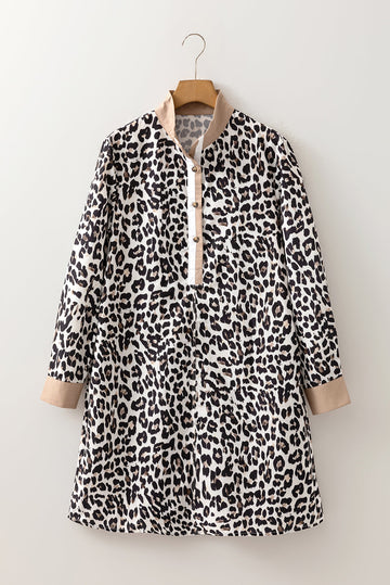 Button Striped Collar Leopard Print Long Sleeve Flared Dress - Dresses/Mini Dresses