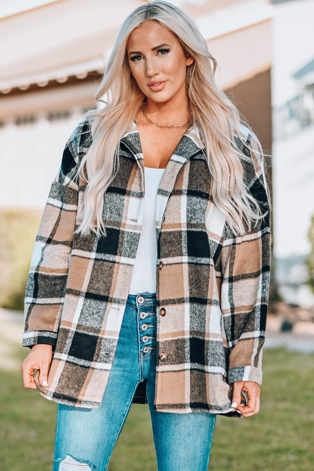 Plaid Print Buttoned Shirt Jacket Beagle Boutique Fashion Outlet