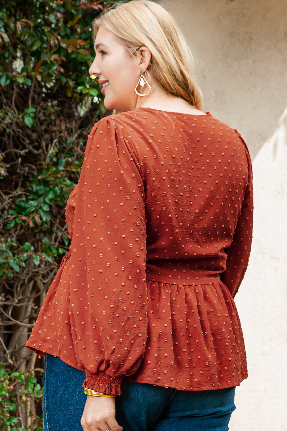 Gold Flame Plus Size Swiss Dot V Neck Wrap Tie Side Blouse BB Fashion Outlet