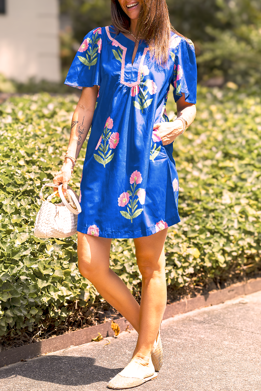 Blue Floral Short Sleeve Split Neck Loose Mini Dress eAura