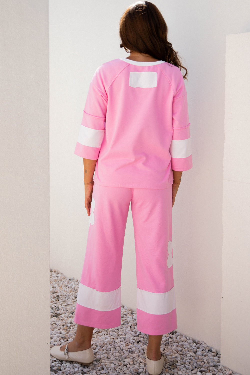 Big Flower Patched Raw Seam 2 Piece Relaxed Trousers Co-ord Set - eAura