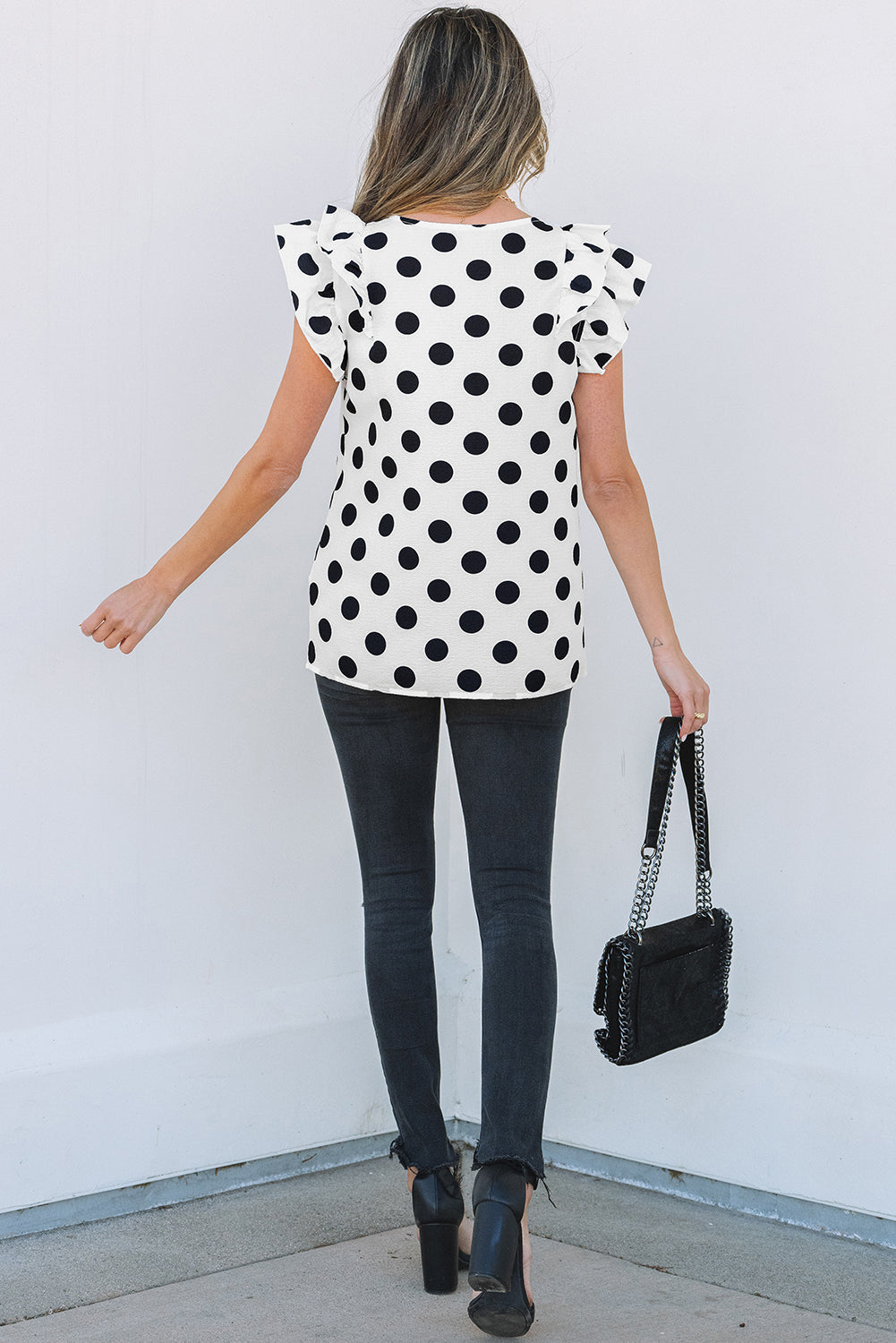 White Polka Dot Print Ruffled Sleeve V Neck Blouse eAura