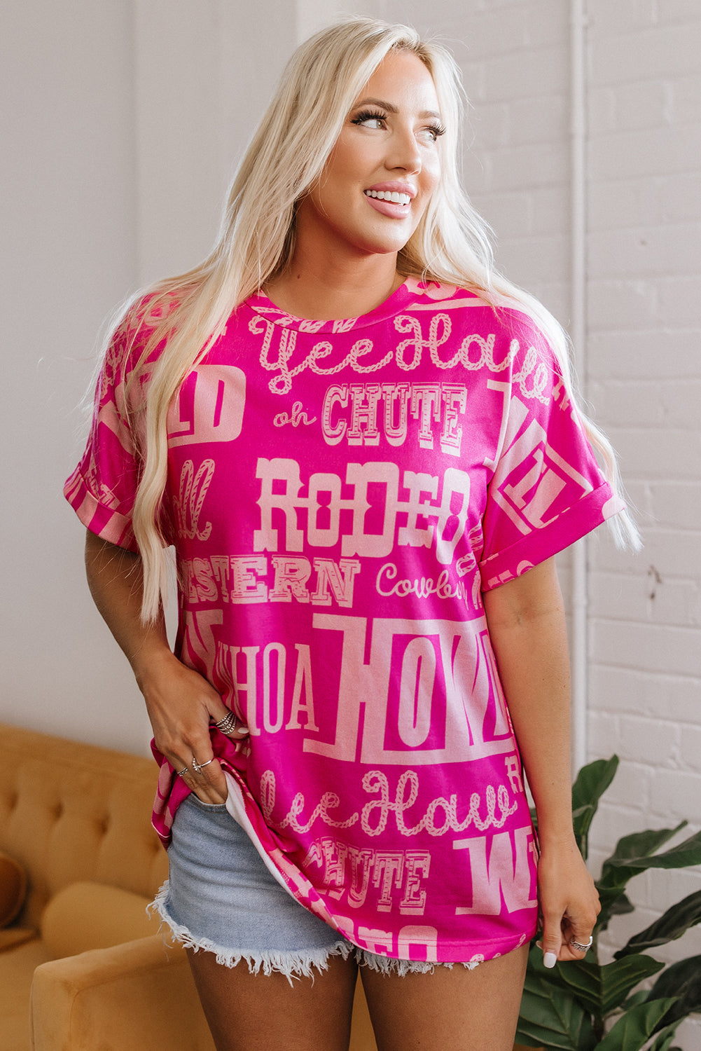 Rose Howdy Cowboy Letter Printed Western Fashion Tee eAura