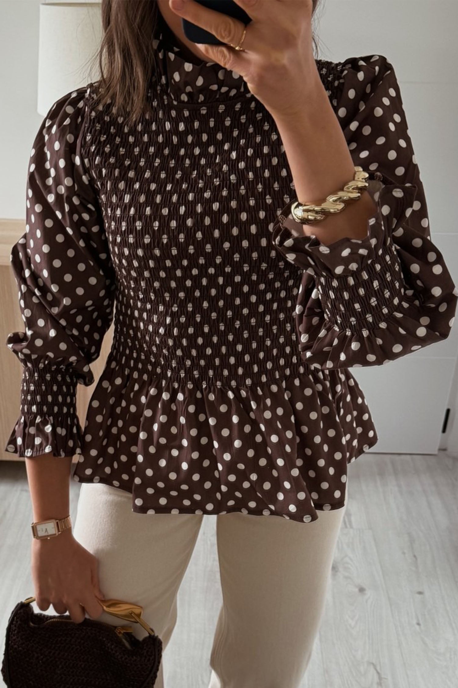 Polka Dot Ruffled High Neck Shirred Ruffle Hem Blouse – Brown