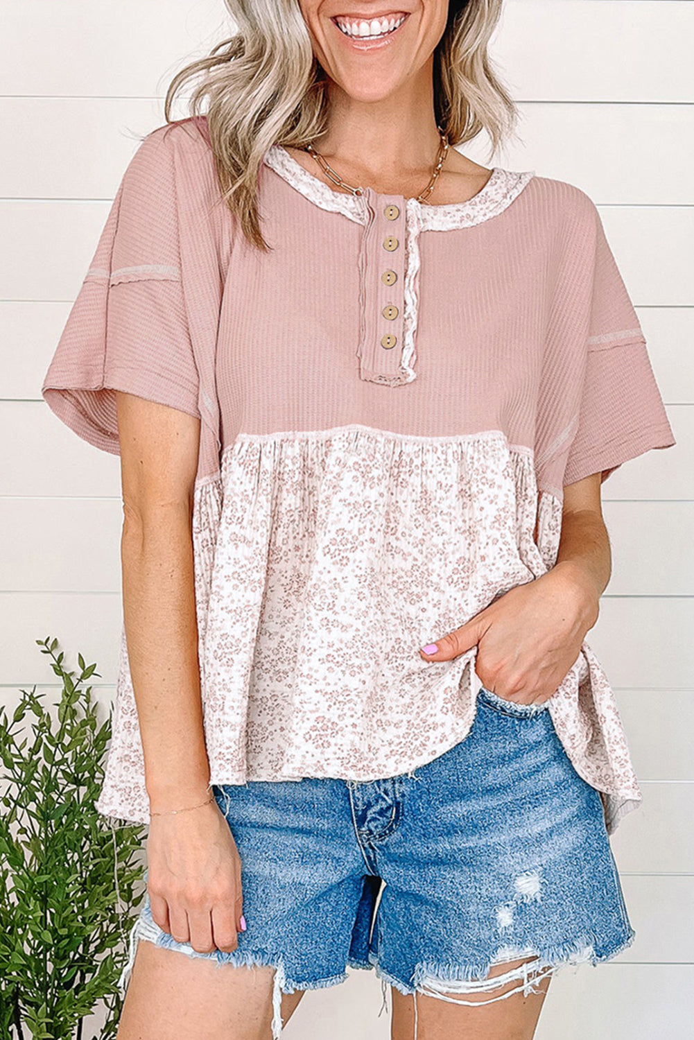 Pink Waffle Floral Patchwork Exposed Seam Detail Short Sleeve Top eAura