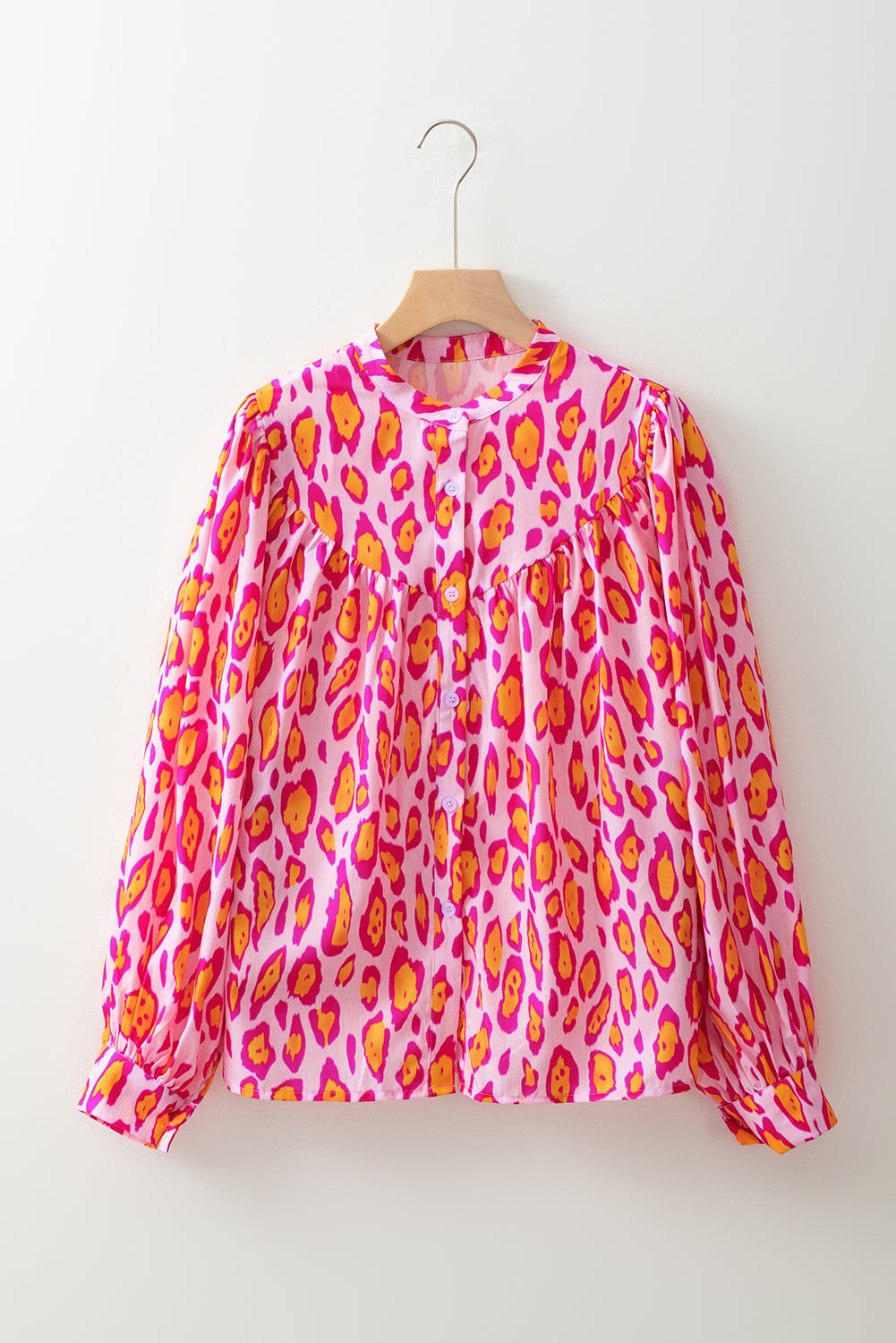 Rose Red Oversized Leopard Print Balloon Sleeve Casual Shirt eAura