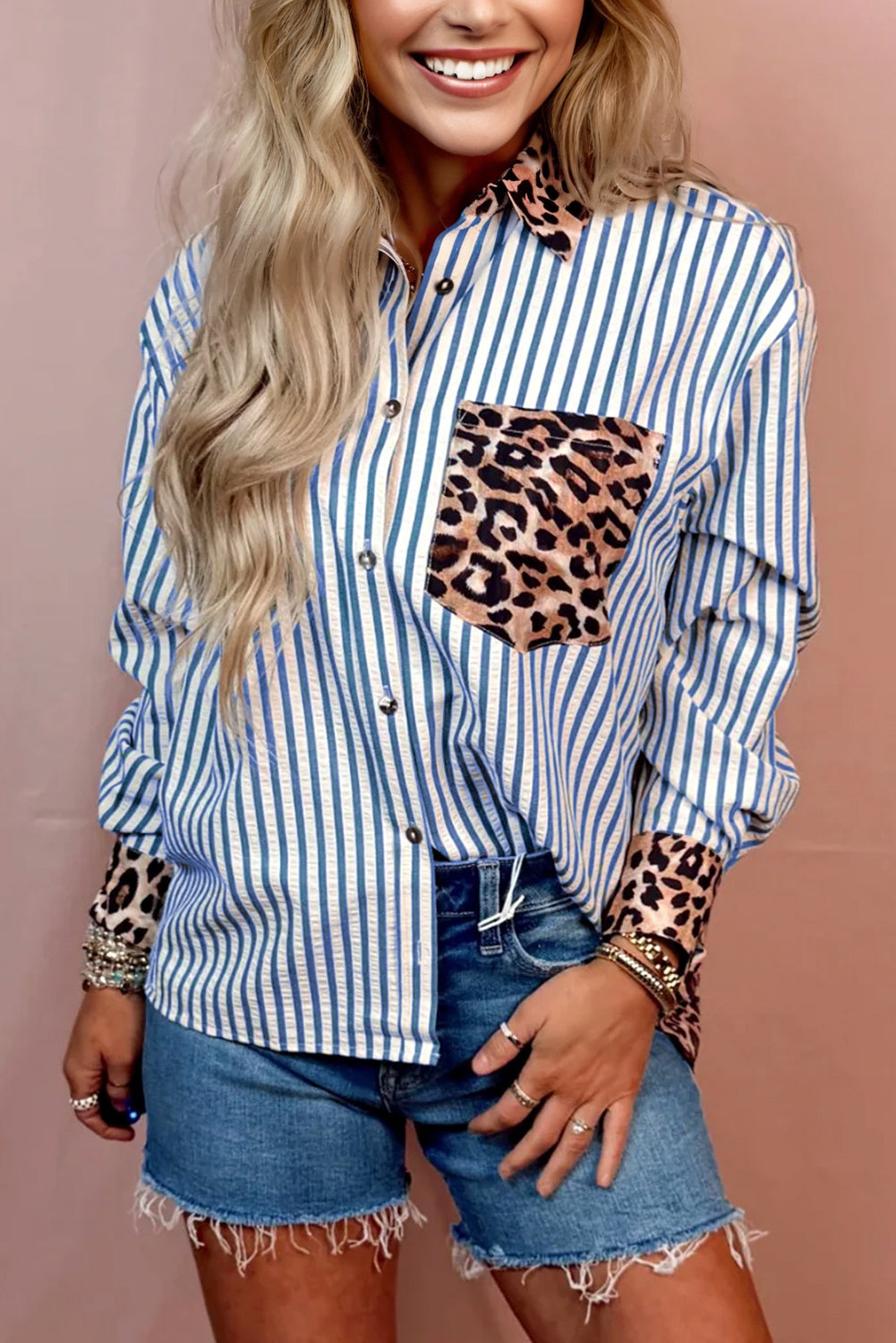 Striped Leopard Print Patchwork Button Up Shirt - eAura
