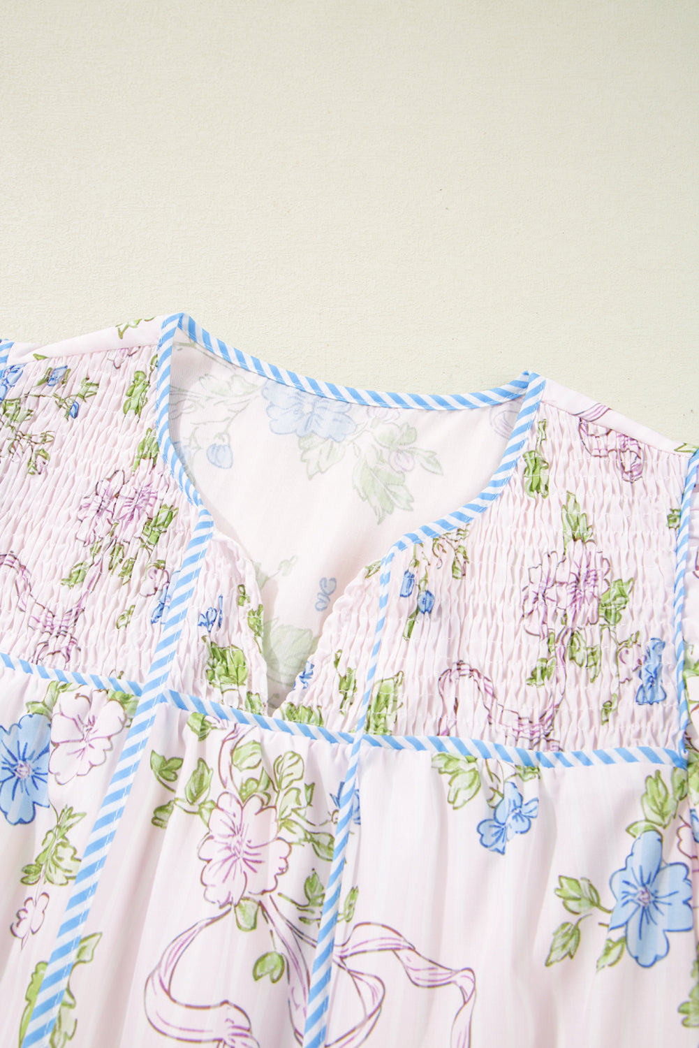 Floral Striped Print Contrast Trim Tie Split Neck Mini Dress eAura