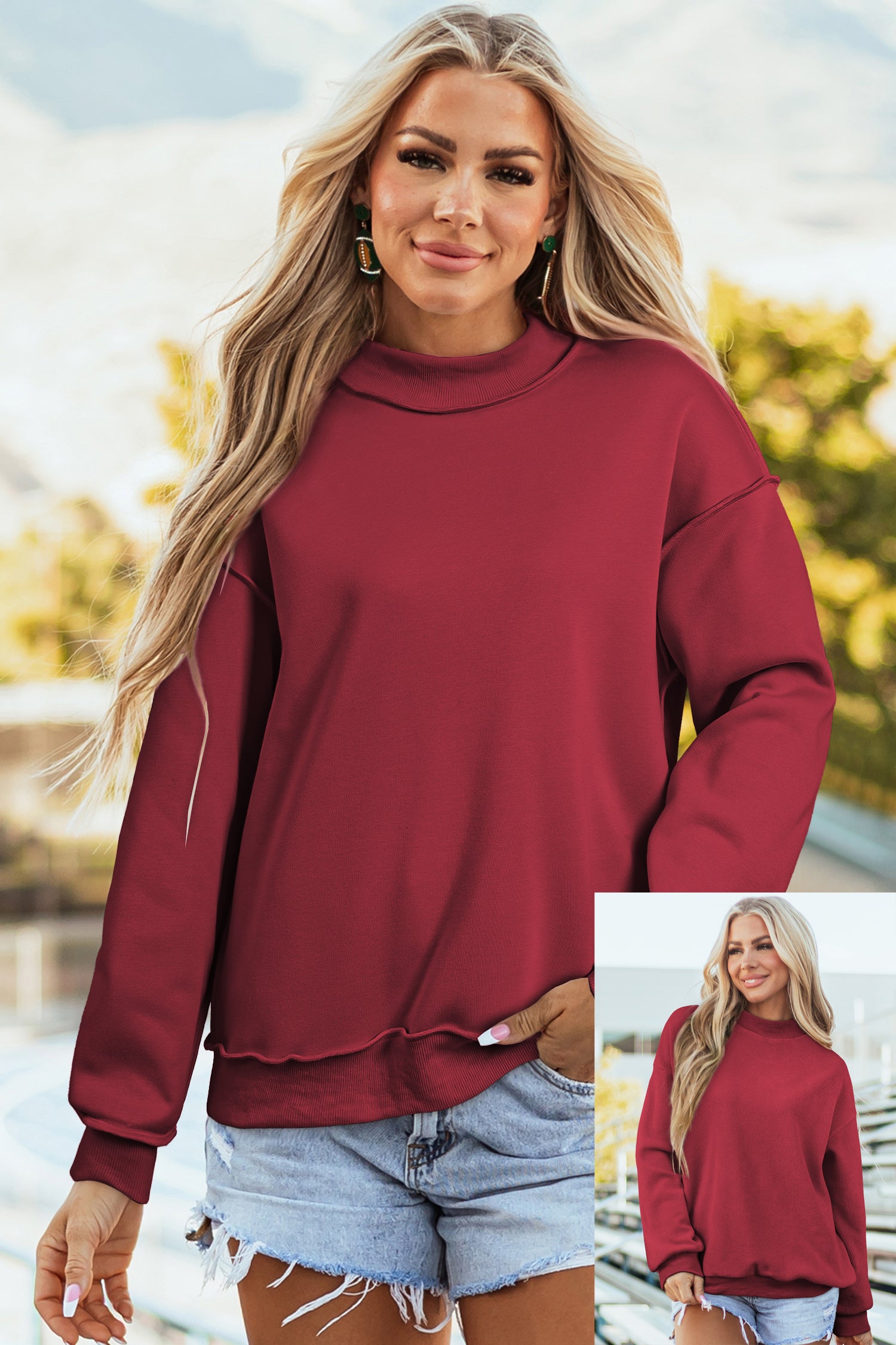 Black Oversize Drop Shoulder Reversible Mock Neck Sweatshirt