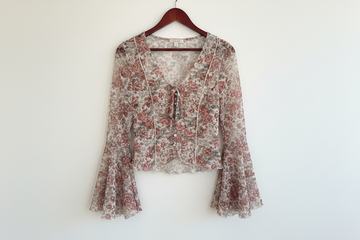 Floral Print Stitched Detail Tie V-Neck Long Bell Sleeve Blouse - Blouses & Shirts