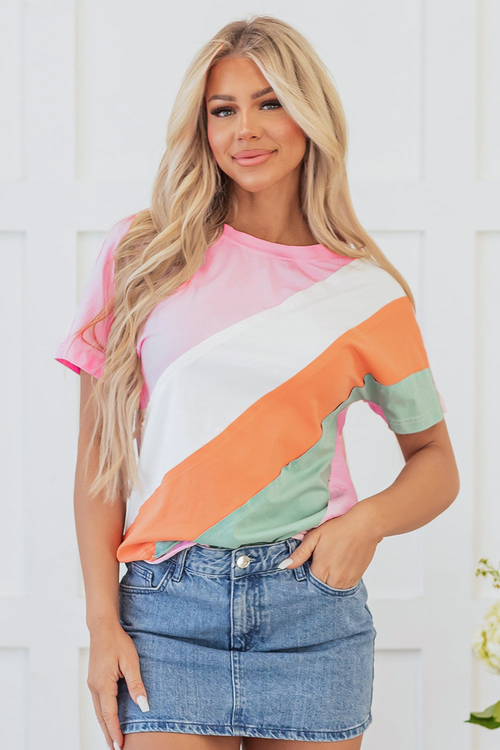 Pink Colour Block Patchwork Seamed Crewneck T Shirt eAura