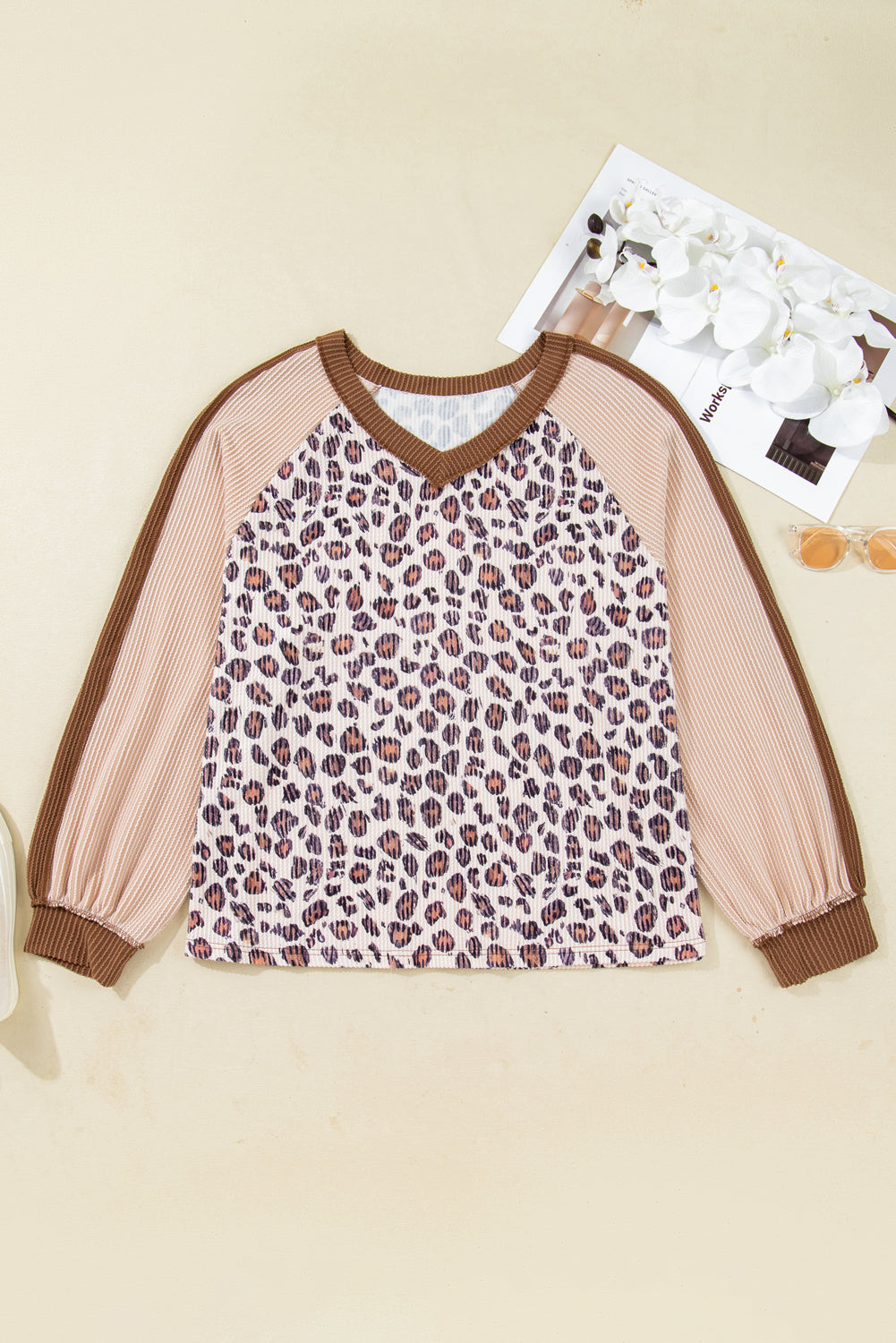 Leopard Patchwork Twist Ribbed Plus Size V-Neck Baggy Pullover - eAura