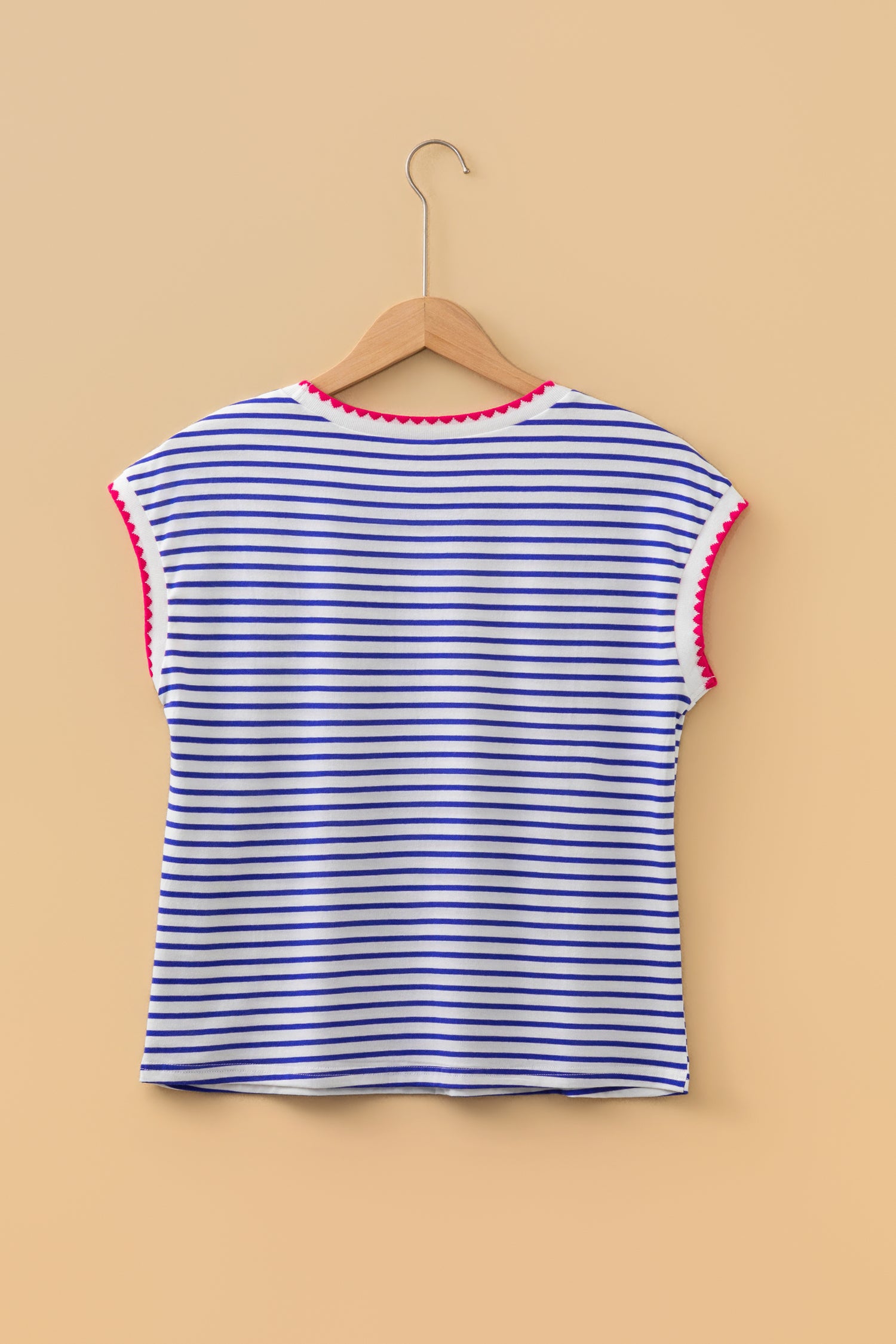 Contrast Trim Round Neck Cap Sleeve Tee – Blue Stripe