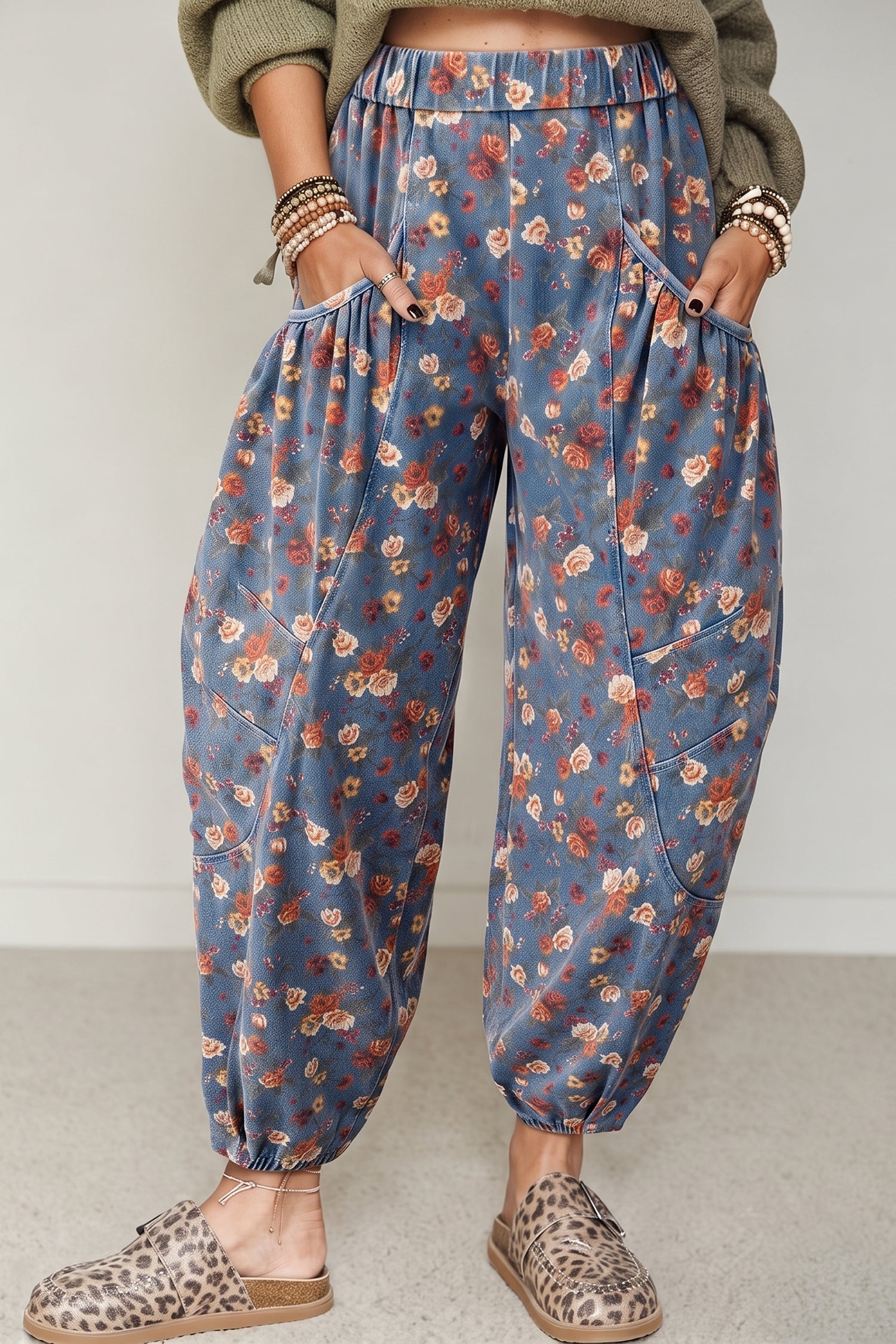 Beau Retro Floral Print Elastic Waist Pocketed Barrel Jeans – Blue
