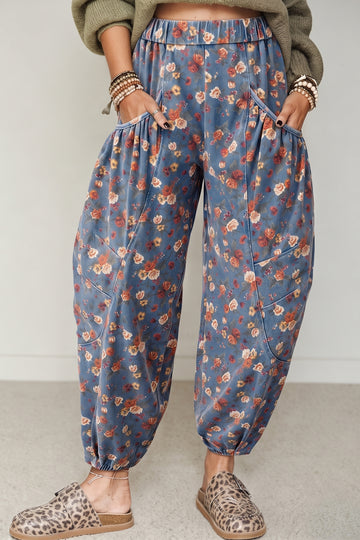 Beau Retro Floral Print Elastic Waist Pocketed Barrel Jeans – Blue