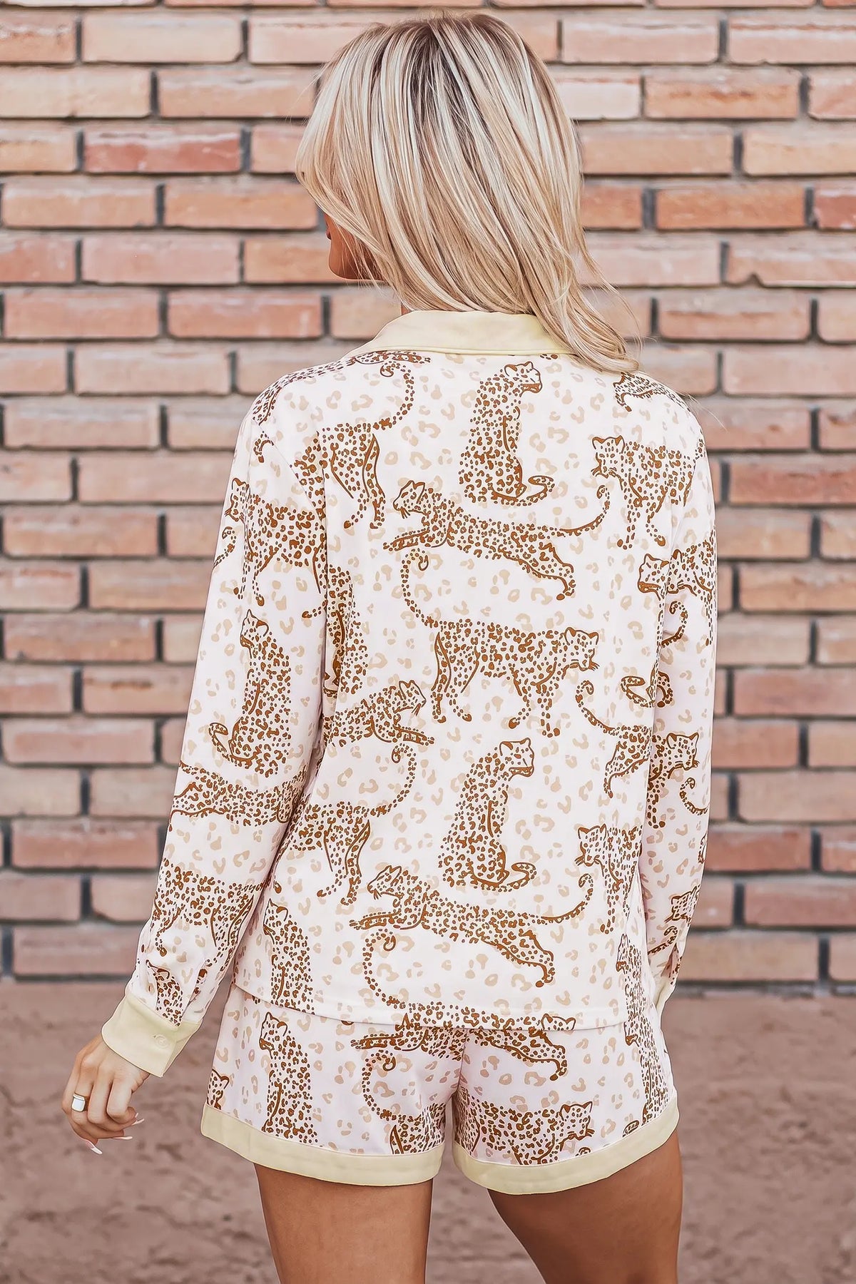 Leopard Print Colourblock Pocket Placket Long Sleeve Lounge Set – Yellow