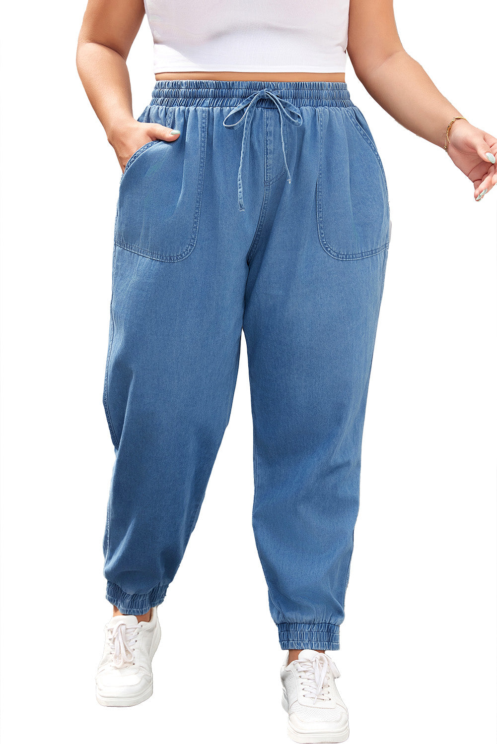 Dusk Blue Drawstring Waist Pocketed Plus Size Denim Joggers Beagle Boutique Fashion Outlet
