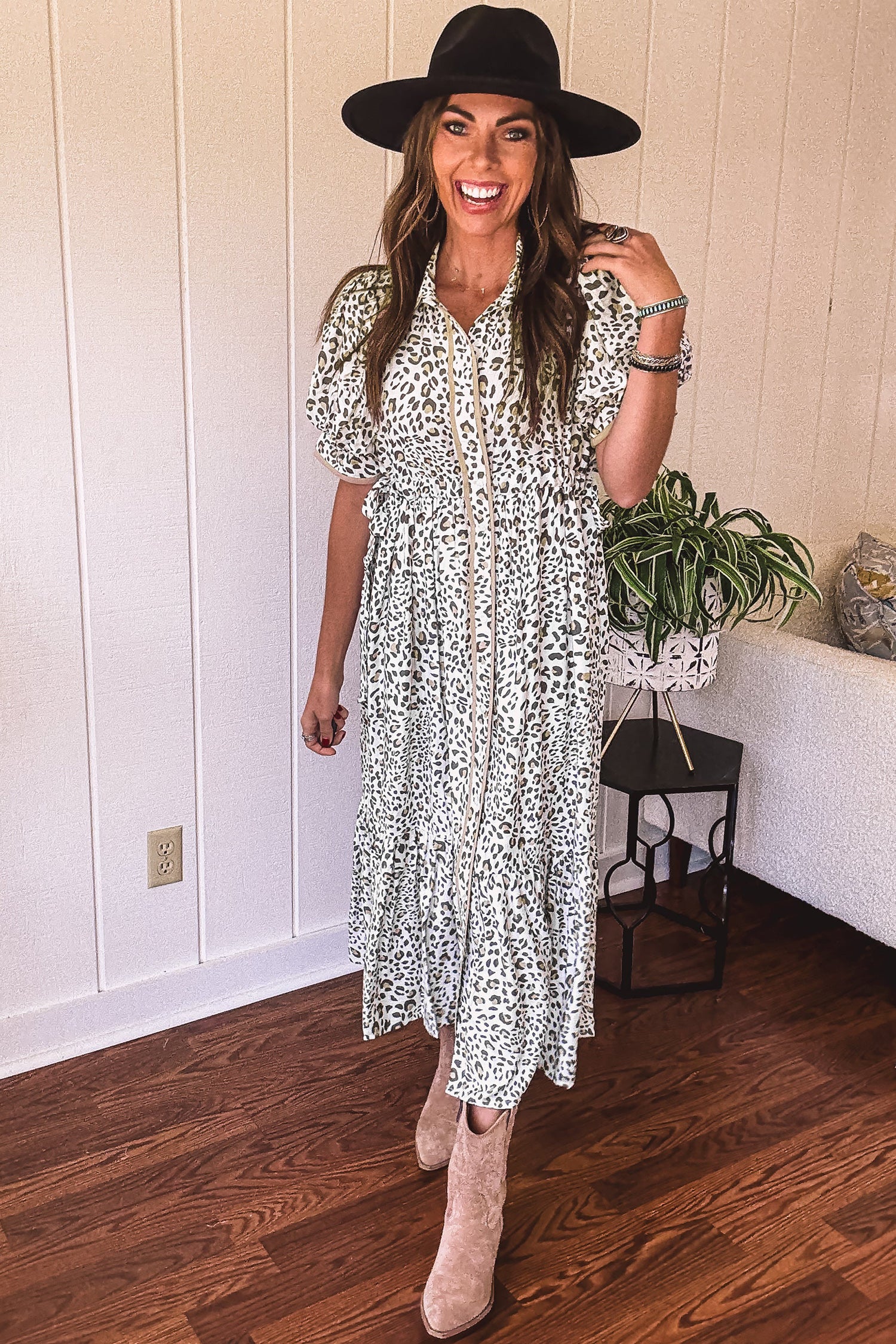 Leopard Print Puff Sleeve Maxi Dress – White