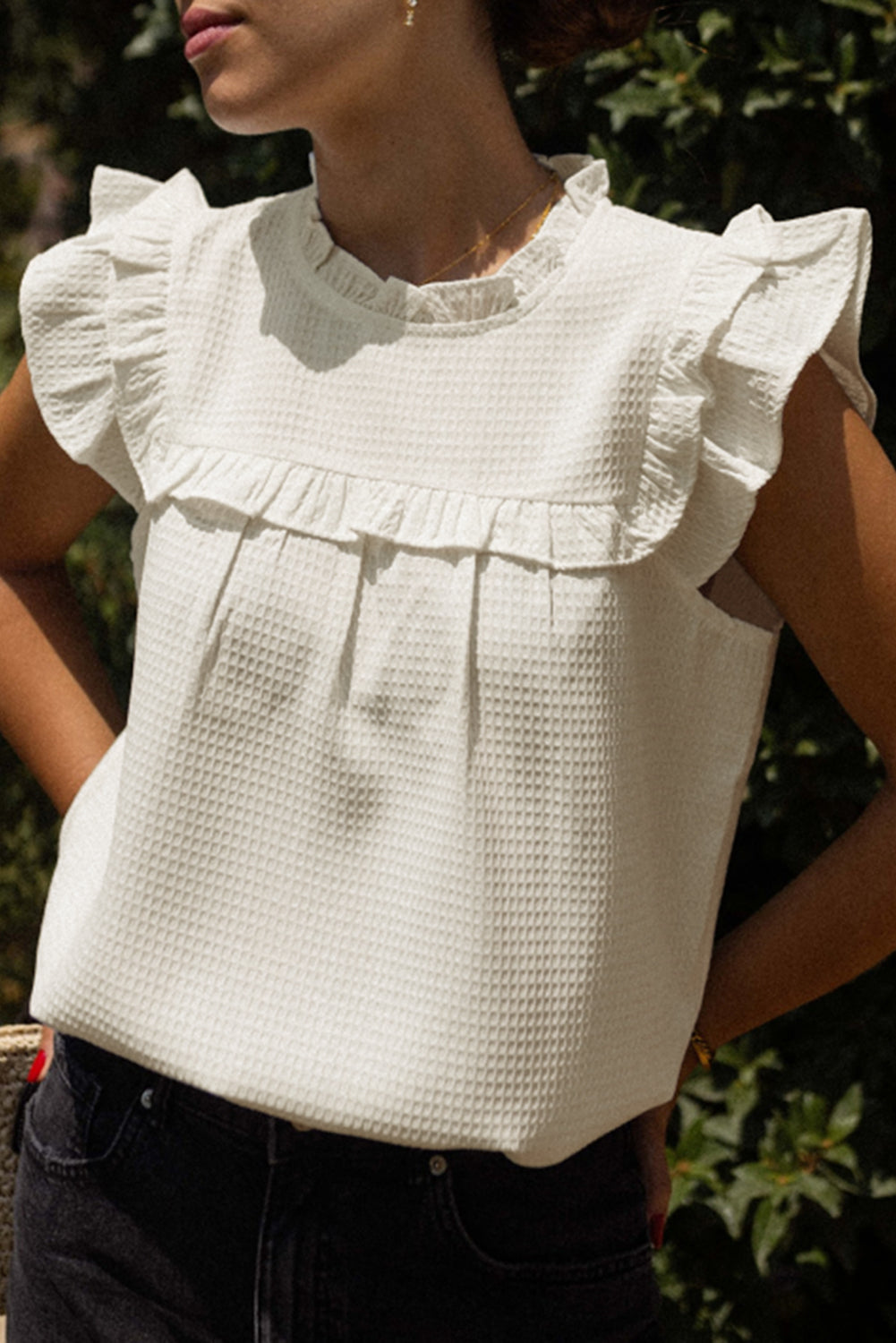 White Solid Colour Ruffle Trim Waffle Knit Blouse eAura