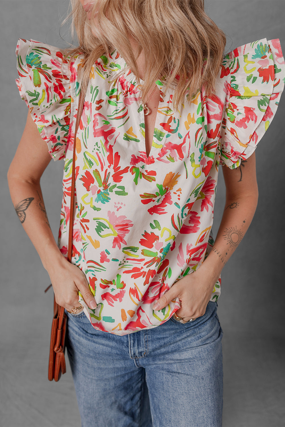 Multicolour Allover Floral Print Flutter Sleeve Split Neck Blouse eAura