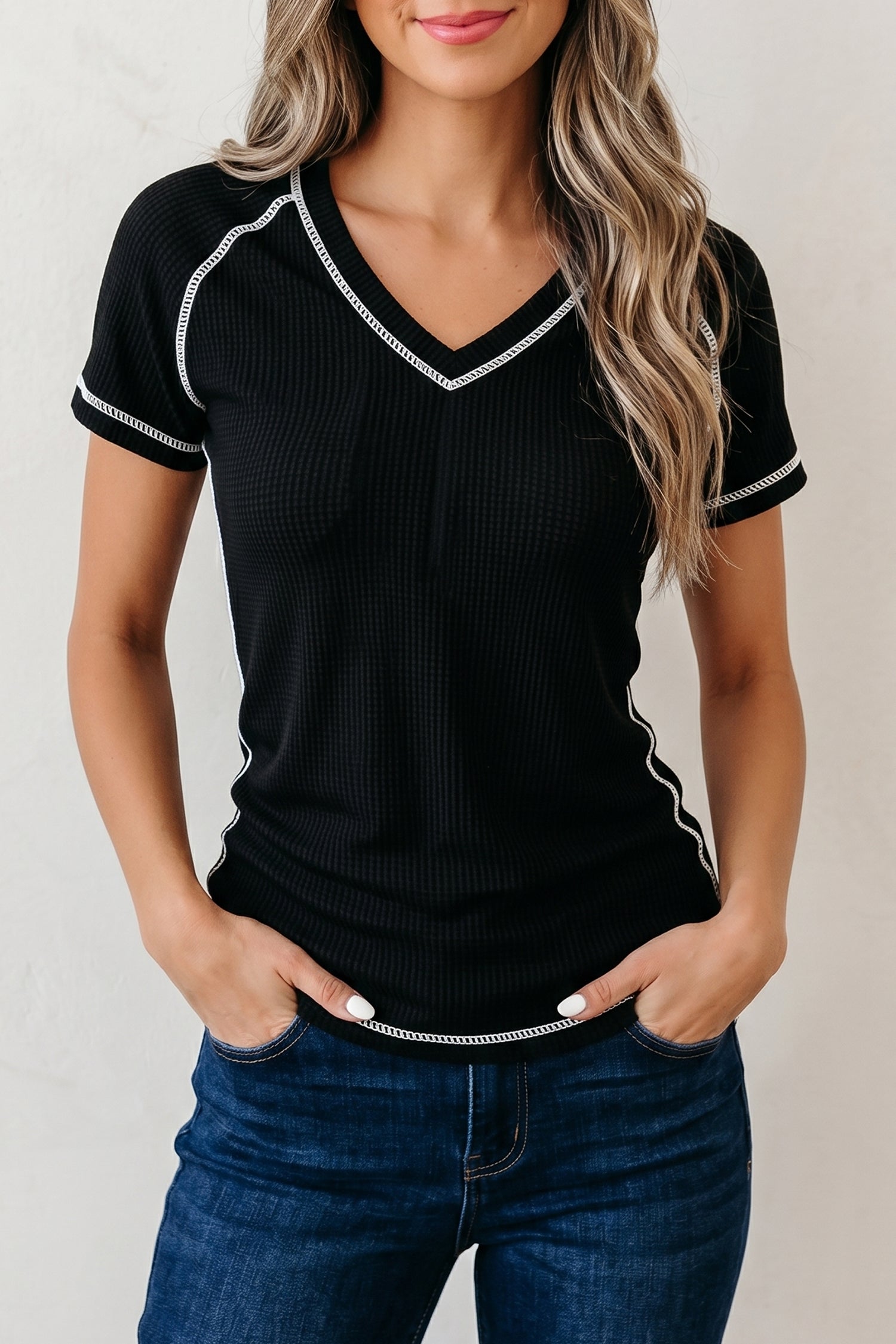 Waffle Textured Contrast Trim V Neck Tee – Black